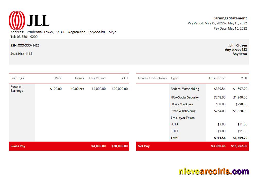 USA JLL real estate company pay stub